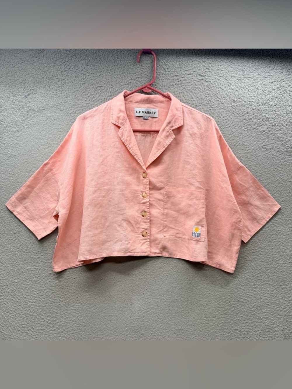 L.F. Markey Pink Coral Linen Half Sleeve Button Up Cropped Top Shirt Women’s S/M